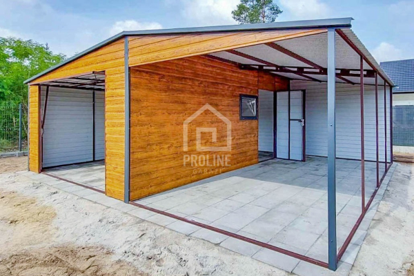 Ogłoszenie - Garaż Blaszany 4x6m + Wiata 4x6m - Brama Uchylna Okno Drzwi - Jasny orzech - Antracyt - Drewnopodobny - Dwuspad PLG141 - Gdańsk - 13 750,00 zł