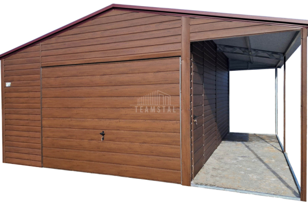 Ogłoszenie - Garaż blaszany 4x6m + wiata 1,5m - brama uchylna - drzwi - ciemny orzech - drewnopodobny - dach dwuspadowy TS1065. Zdjęcie 1