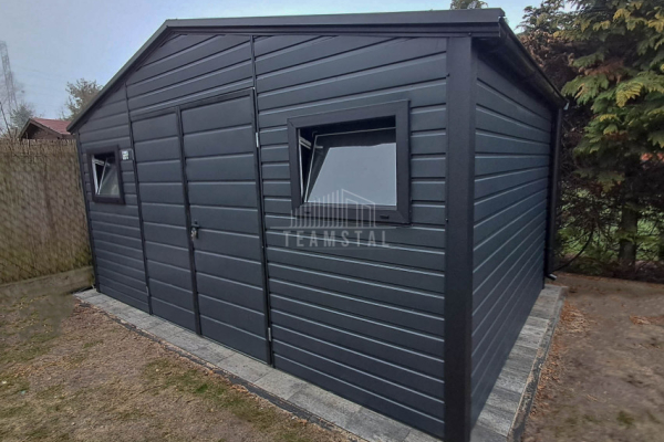 Ogłoszenie - Schowek - domek ogrodowy 4,5x3m - Brama dwuskrzydłowa - 2x okno - antracyt - czarny - dach dwuspadowy TS1058 - Busko-Zdrój - 7 950,00 zł