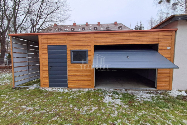 Ogłoszenie - Garaż blaszany 6x6m + Wiata 1,5m Brama uchylna drzwi okno drewnopodobny dach spad w tył TS1051 - Białogard - 17 500,00 zł