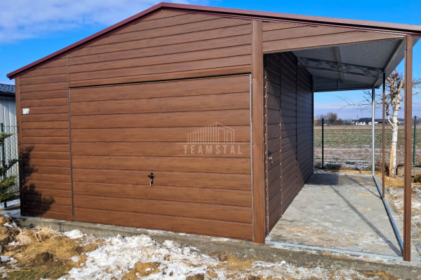 Ogłoszenie - Garaż blaszany 4x6m + wiata 1,5m - brama uchylna - drzwi - ciemny orzech - drewnopodobny - dach dwuspadowy TS1065. Zdjęcie 4