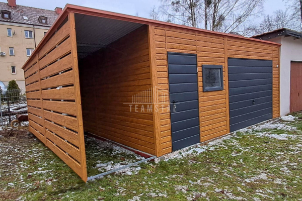 Ogłoszenie - Garaż blaszany 6x6m + Wiata 1,5m Brama uchylna drzwi okno drewnopodobny dach spad w tył TS1051 - Białogard - 17 500,00 zł