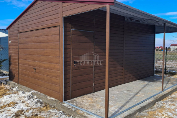 Ogłoszenie - Garaż blaszany 4x6m + wiata 1,5m - brama uchylna - drzwi - ciemny orzech - drewnopodobny - dach dwuspadowy TS1065. Zdjęcie 3