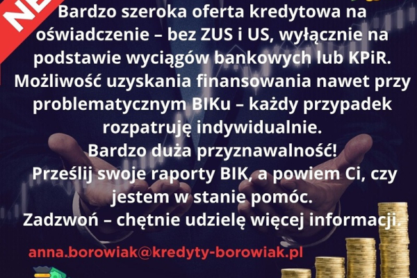 Ogłoszenie - KREDYT DLA FIRM I OSÓB FIZYCZNYCH. DUŻA PRZYZNAWALNOŚĆ I SZEROKA OFERTA!. Zdjęcie 1