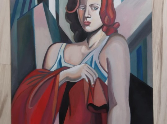Ogłoszenie - Sprzedam obraz malowany ręcznie - W czerwonym - Tamara Łempicka. Zdjęcie 1