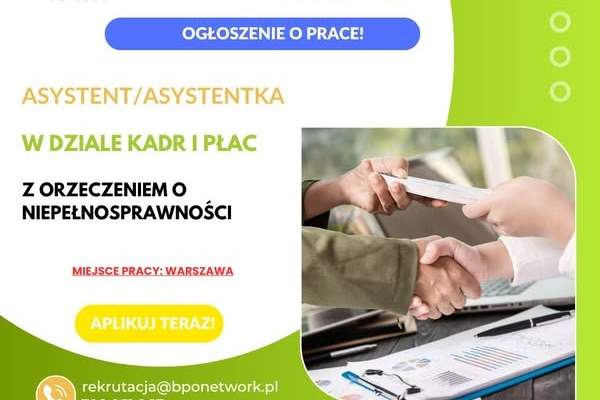 Ogłoszenie - Asystent/Asystentka w dziale kadr i płac z orzeczeniem o niepełnosprawności - praca w Warszawie (Ochota). Zdjęcie 1