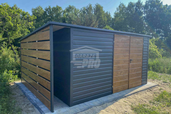 Ogłoszenie - Schowek - Domek Ogrodowy 4,5x2m + wiata 0,5m - Brama - jasny orzech - antracyt - dach spad w tył GP609. Zdjęcie 2