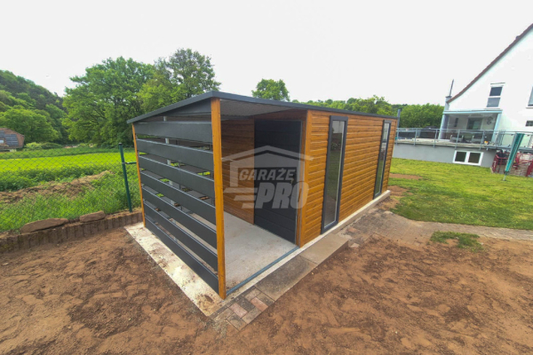Ogłoszenie - Schowek - Domek Ogrodowy 4x2m + wiata 1,5m - drzwi - 2x okno - jasny orzech - drewnopodobny - dach spad w tył GP614. Zdjęcie 5