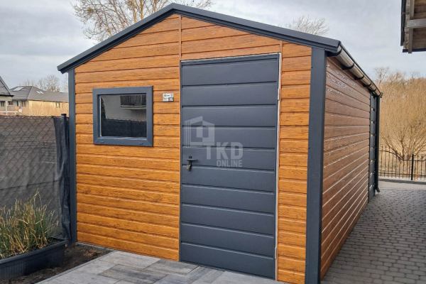 Ogłoszenie - Schowek - domek ogrodowy 3x4m + wiata 1m - Drzwi - okno - rynny - jasny orzech - drewnopodobny - dach dwuspadowy TKD255. Zdjęcie 4