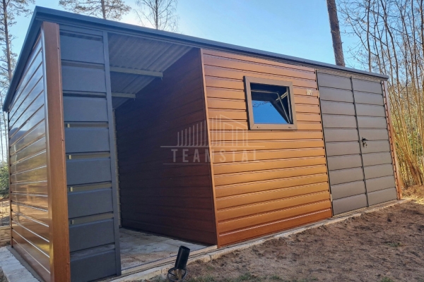 Ogłoszenie - Schowek - domek ogrodowy 4,5x2m + wiata 2m - brama - okno - jasny orzech - drewnopodobny - dach spad w tył TS1085. Zdjęcie 2