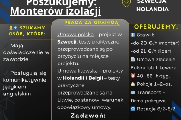 Ogłoszenie - Monter izolacji – praca za granicą!. Zdjęcie 1
