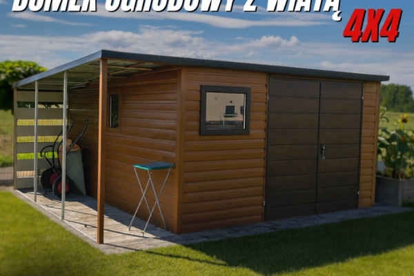 Ogłoszenie - Domek Ogrodowy 4x4 z wiatą Złoty Dąb + Ciemny Orzech MONTAŻ GRATIS. Zdjęcie 3