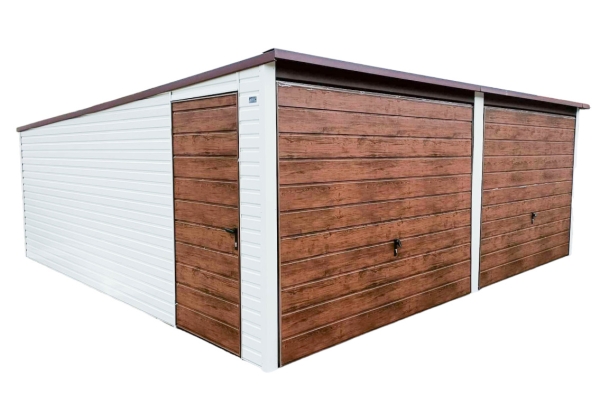 Ogłoszenie - GARAŻ BLASZANY 6m x 6m poziom - spad tył 2x Brama uchylna - ciemny orzech + biały - dodatkowe drzwi TS252. Zdjęcie 1