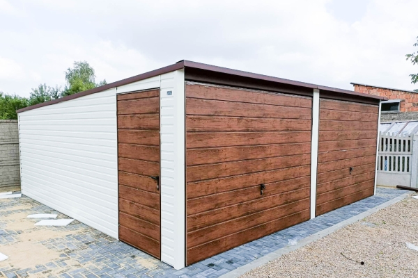 Ogłoszenie - GARAŻ BLASZANY 6m x 6m poziom - spad tył 2x Brama uchylna - ciemny orzech + biały - dodatkowe drzwi TS252. Zdjęcie 2
