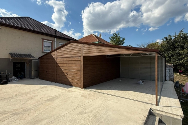 Ogłoszenie - Garaż blaszany 6×5m z wiatą 5x5m dach dwuspadowy, Ciemny Orzech. Zdjęcie 2