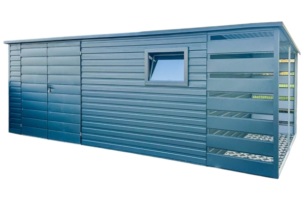 Ogłoszenie - Schowek - Domek Ogrodowy 4,5x2,5m + Wiata 1m - Brama Dwuskrzydłowa - Okno - Antracyt - Dach spad w tył NB209. Zdjęcie 1