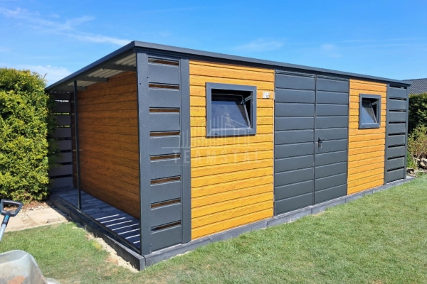 Ogłoszenie - Schowek - domek ogrodowy 4,5x3m + wiata 0,5m - brama - drzwi - 2x okno - jasny orzech - drewnopodobny - dach TS1101. Zdjęcie 4