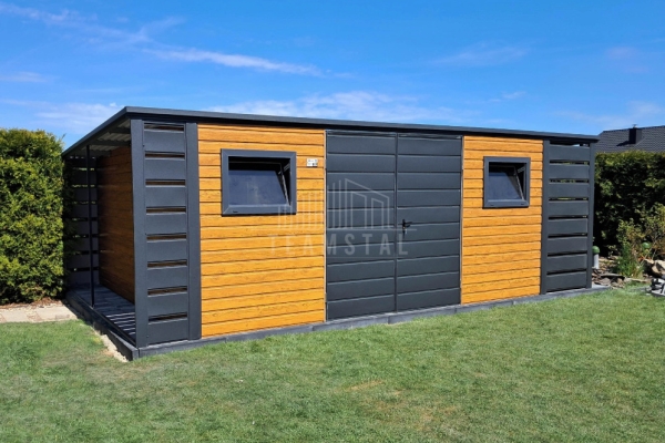 Ogłoszenie - Schowek - domek ogrodowy 4,5x3m + wiata 0,5m - brama - drzwi - 2x okno - jasny orzech - drewnopodobny - dach TS1101. Zdjęcie 2