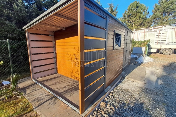 Ogłoszenie - Schowek - domek ogrodowy 4x2,5m + wiata 1m - brama dwuskrzydłowa - jasny orzech - okno - drewnopodobny - dach TS1102. Zdjęcie 5