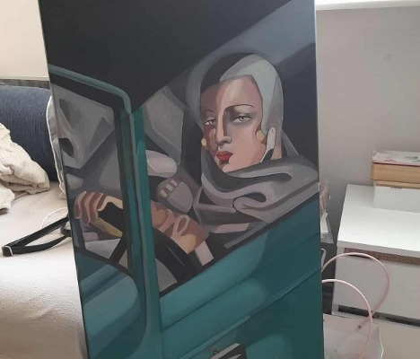 Ogłoszenie - Sprzedam obraz malowany ręcznie - Kobieta w zielonym bugatti - 100 na 50 cm. Zdjęcie 1