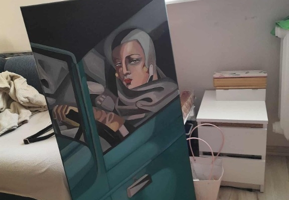 Ogłoszenie - Sprzedam obraz malowany ręcznie - Kobieta w zielonym bugatti - 100 na 50 cm. Zdjęcie 2