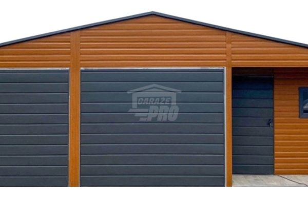 Ogłoszenie - Garaż blaszany 5x9m - wnęka - 2x brama - drzwi - okno - jasny orzech - drewnopodobny - rynny - dach dwuspadowy  GP650. Zdjęcie 1
