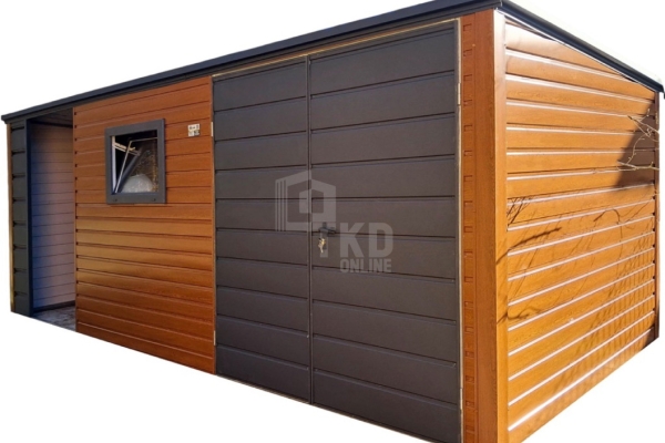 Ogłoszenie - Schowek - domek ogrodowy 4,5x2m + wiata 2m - brama - okno - jasny orzech - drewnopodobny - dach spad w tył TKD371. Zdjęcie 1