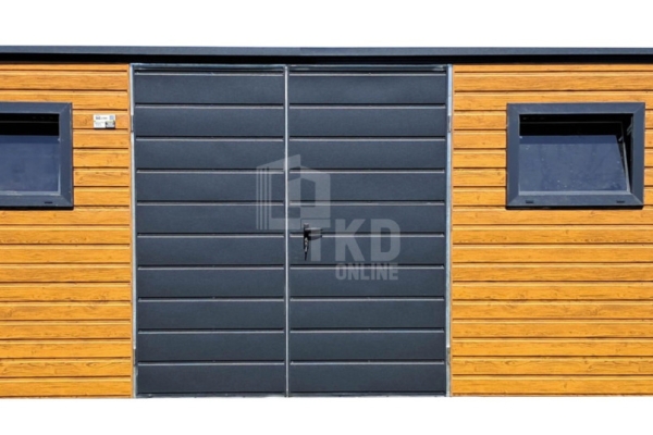 Ogłoszenie - Schowek domek ogrodowy 4,5x3m + wiata 0,5m brama drzwi 2x okno jasny orzech drewnopodobny dach spad w tył TKD389. Zdjęcie 1