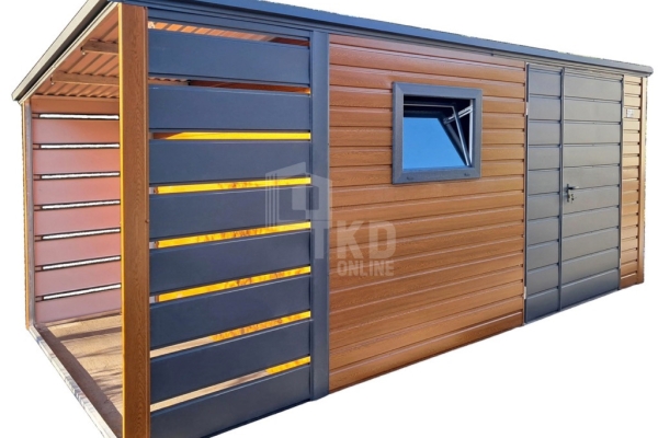 Ogłoszenie - Schowek domek ogrodowy 4x2,5m + wiata 1m brama dwuskrzydłowa jasny orzech okno drewnopodobny - dach spad w tył TKD390. Zdjęcie 1