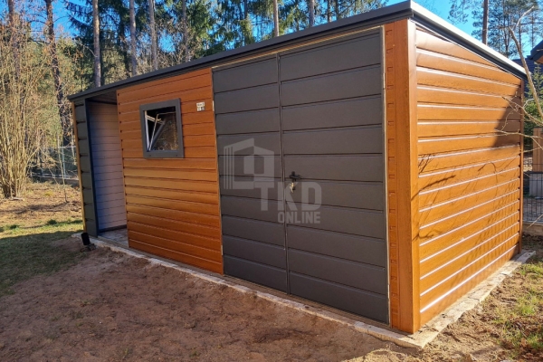 Ogłoszenie - Schowek - domek ogrodowy 4,5x2m + wiata 2m - brama - okno - jasny orzech - drewnopodobny - dach spad w tył TKD371. Zdjęcie 4