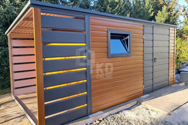 Ogłoszenie - Schowek domek ogrodowy 4x2,5m + wiata 1m brama dwuskrzydłowa jasny orzech okno drewnopodobny - dach spad w tył TKD390. Zdjęcie 2