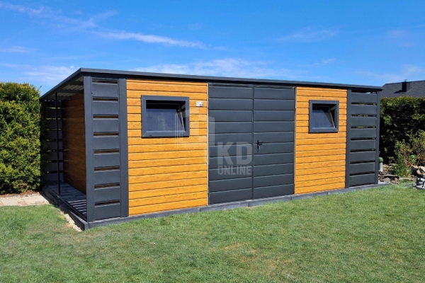 Ogłoszenie - Schowek domek ogrodowy 4,5x3m + wiata 0,5m brama drzwi 2x okno jasny orzech drewnopodobny dach spad w tył TKD389. Zdjęcie 2