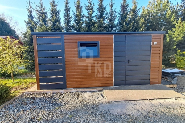 Ogłoszenie - Schowek domek ogrodowy 4x2,5m + wiata 1m brama dwuskrzydłowa jasny orzech okno drewnopodobny - dach spad w tył TKD390. Zdjęcie 5