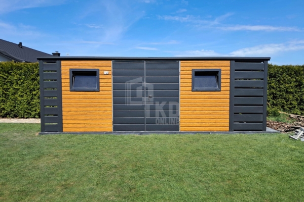 Ogłoszenie - Schowek domek ogrodowy 4,5x3m + wiata 0,5m brama drzwi 2x okno jasny orzech drewnopodobny dach spad w tył TKD389. Zdjęcie 3