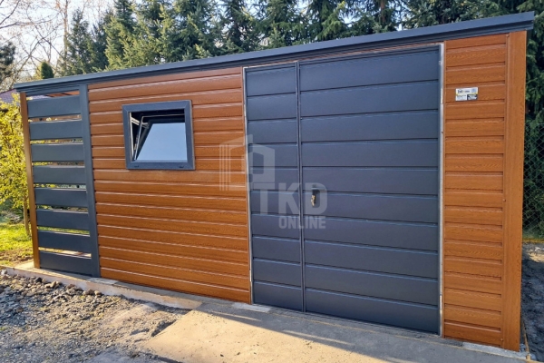Ogłoszenie - Schowek domek ogrodowy 4x2,5m + wiata 1m brama dwuskrzydłowa jasny orzech okno drewnopodobny - dach spad w tył TKD390. Zdjęcie 3