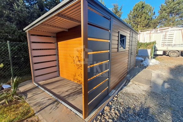 Ogłoszenie - Schowek domek ogrodowy 4x2,5m + wiata 1m brama dwuskrzydłowa jasny orzech okno drewnopodobny - dach spad w tył TKD390. Zdjęcie 4