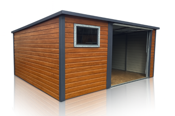 Ogłoszenie - Garaż Blaszany spad na tył 4×4 drewnopodobny PREMIUM, brama uchylna, obróbki blacharskie. Zdjęcie 1