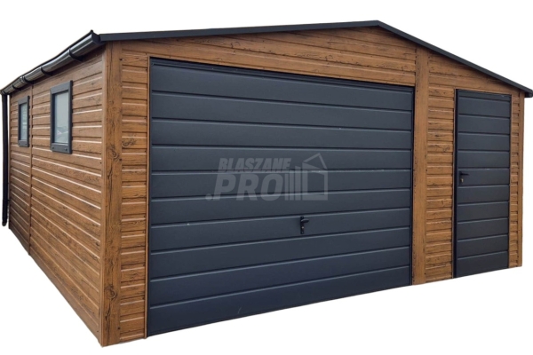 Ogłoszenie - Garaż blaszany 4,5x5 - brama - drzwi - 2x okno - jasny orzech - drewnopodobny - Antracyt Dach dwuspadowy - rynny GP632. Zdjęcie 1