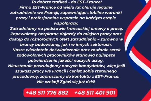 Ogłoszenie - Pracuj we Francji - dołącz do EST-France!. Zdjęcie 1