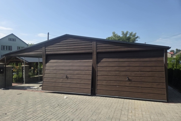 Ogłoszenie - Garaż blaszany dwustanowiskowy 6x7 z wiatą 3m Ciemny Orzech PREMIUM. Zdjęcie 2