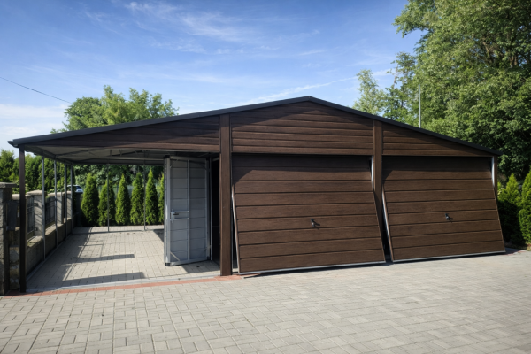 Ogłoszenie - Garaż blaszany dwustanowiskowy 6x7 z wiatą 3m Ciemny Orzech PREMIUM. Zdjęcie 4