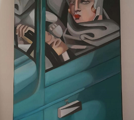 Ogłoszenie - Sprzedam obraz malowany ręcznie - Kobieta w zielonym bugatti - 100 na 50 cm. Zdjęcie 1