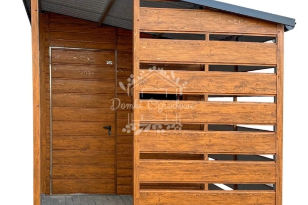 Ogłoszenie - Schowek - domek ogrodowy 2,5x4m + wiata 1,5 m - drzwi - jasny orzech - drewnopodobny - rynny - dach spad w bok ID1073. Zdjęcie 1