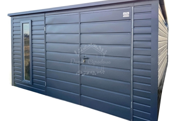 Ogłoszenie - Schowek - domek ogrodowy 3,5x4m + wiata 0,5m - brama dwuskrzydłowa - okno - antracyt - dach spad w tył - rynny ID1074. Zdjęcie 1