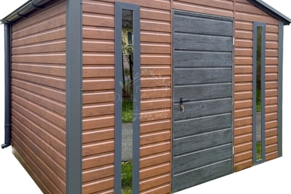 Ogłoszenie - Schowek - domek ogrodowy 3x3m - drzwi - 2x okno - ciemny orzech - drewnopodobny - rynny - dach dwuspadowy ID1105. Zdjęcie 1