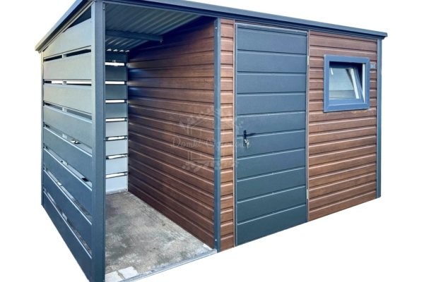 Ogłoszenie - Schowek - domek ogrodowy 2,5x2m - wiata 1m - drzwi - okno - ciemny orzech - drewnopodobny - dach spad w tył ID1103. Zdjęcie 1