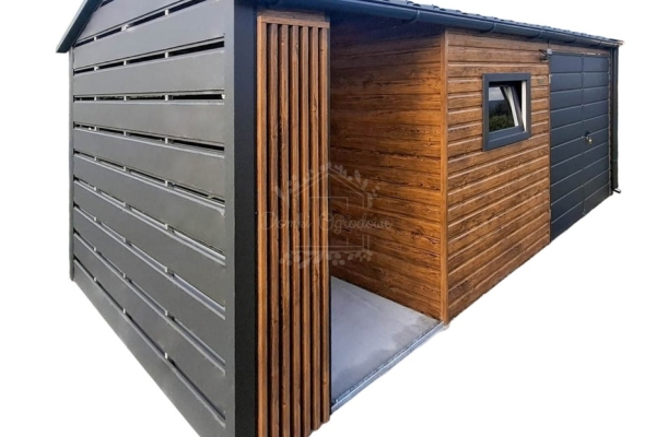 Ogłoszenie - Schowek - domek ogrodowy 4x2,5m - wiata 2m - brama - okno - jasny orzech - drewnopodobny - dekor z lameli - rynna ID1106. Zdjęcie 1