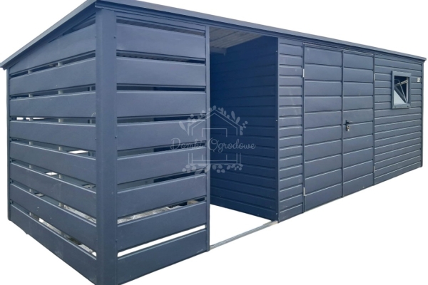 Ogłoszenie - Schowek - domek ogrodowy 4,5x2,5m + wiata 2m - brama - okno - antracyt - dach spad w tył ID994. Zdjęcie 1