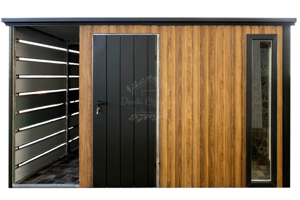 Ogłoszenie - Schowek - Domek ogrodowy 3x2,5m - wiata 0,5m - drzwi - 2 x okno - winchester - drewnopodobny - spad dachu w tył ID1129. Zdjęcie 1