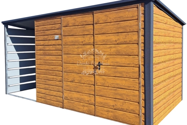 Ogłoszenie - Schowek - domek ogrodowy 3,5x2m + wiata 1,5m - Brama dwuskrzydłowa - jasny orzech - drewnopodobny - dach spad w tył ID97. Zdjęcie 1